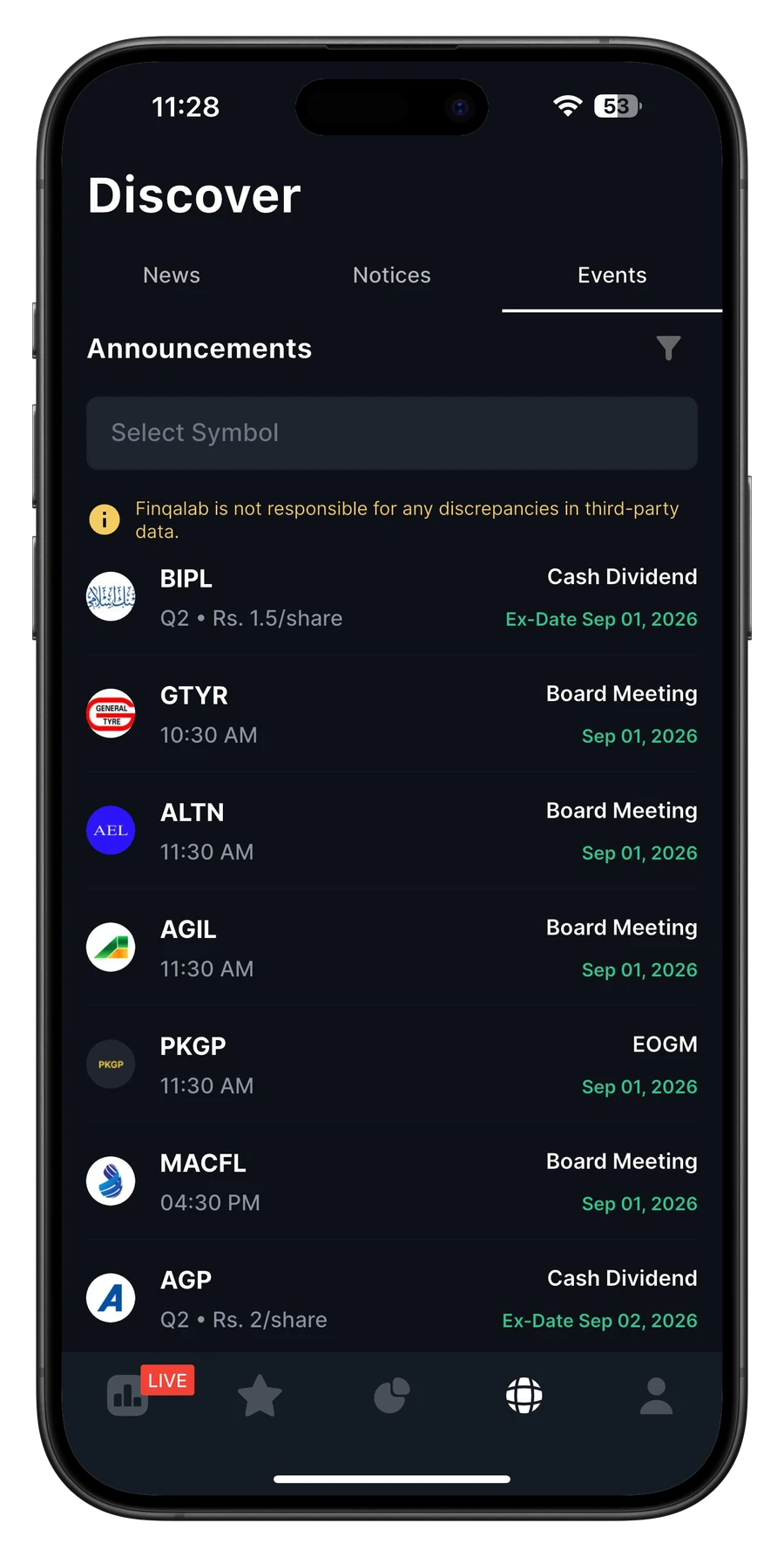 The Corporate Announcements screen in the Finqalab app