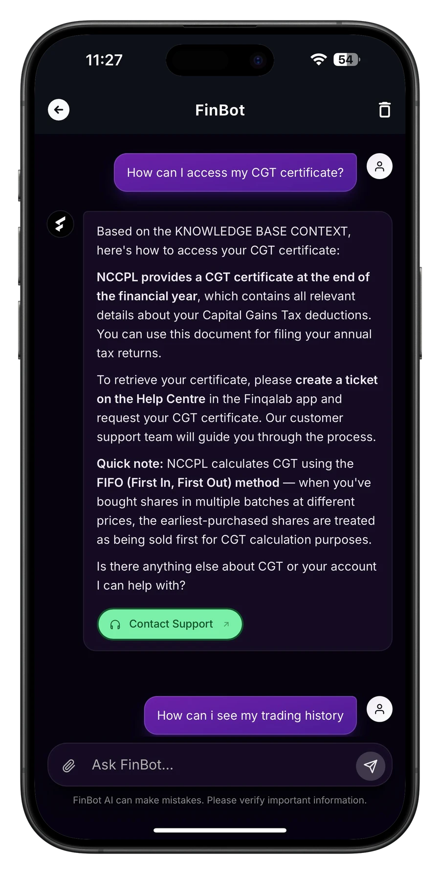 The FinBot screen in the Finqalab app