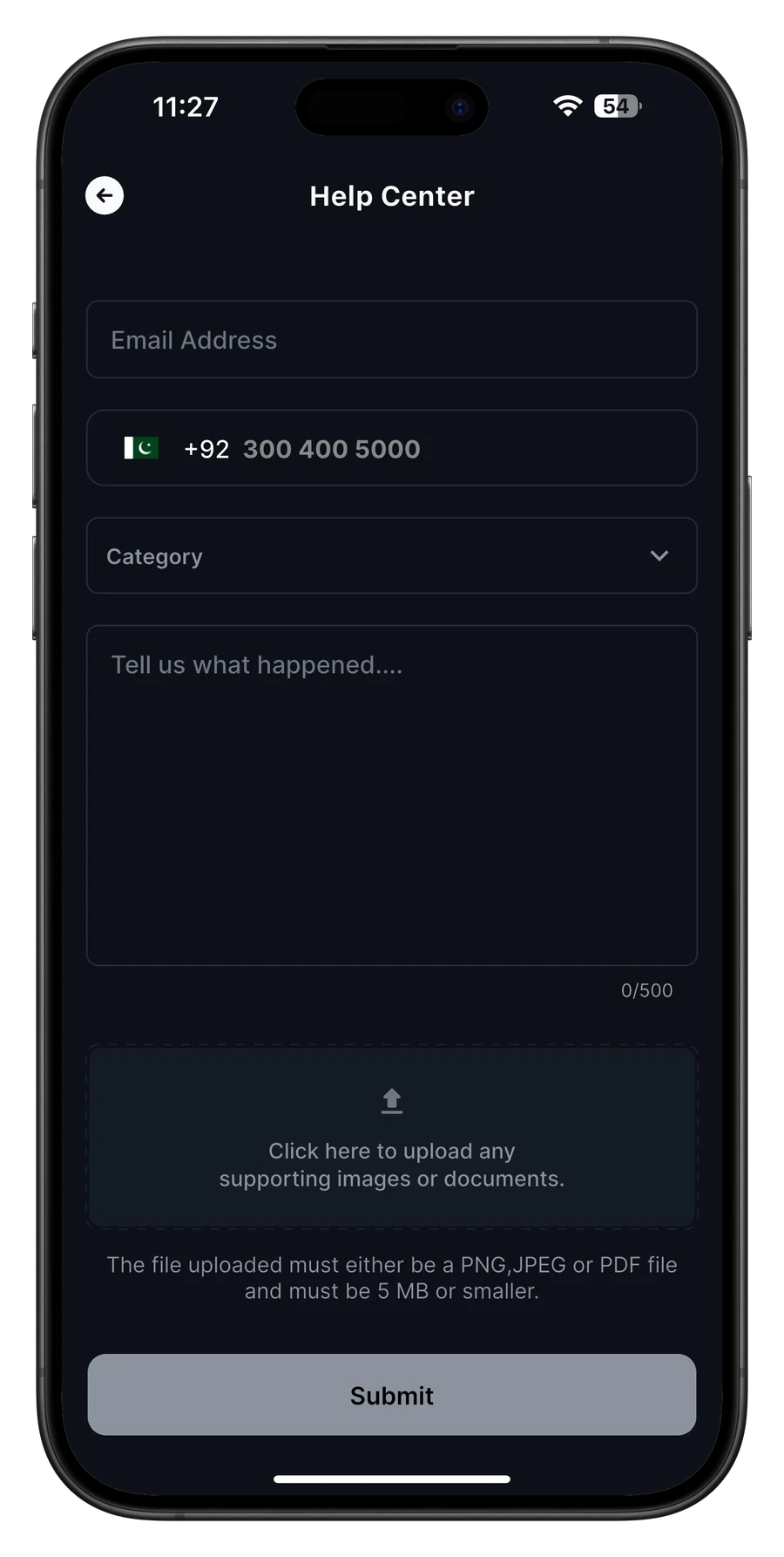 The Help Center screen in the Finqalab app